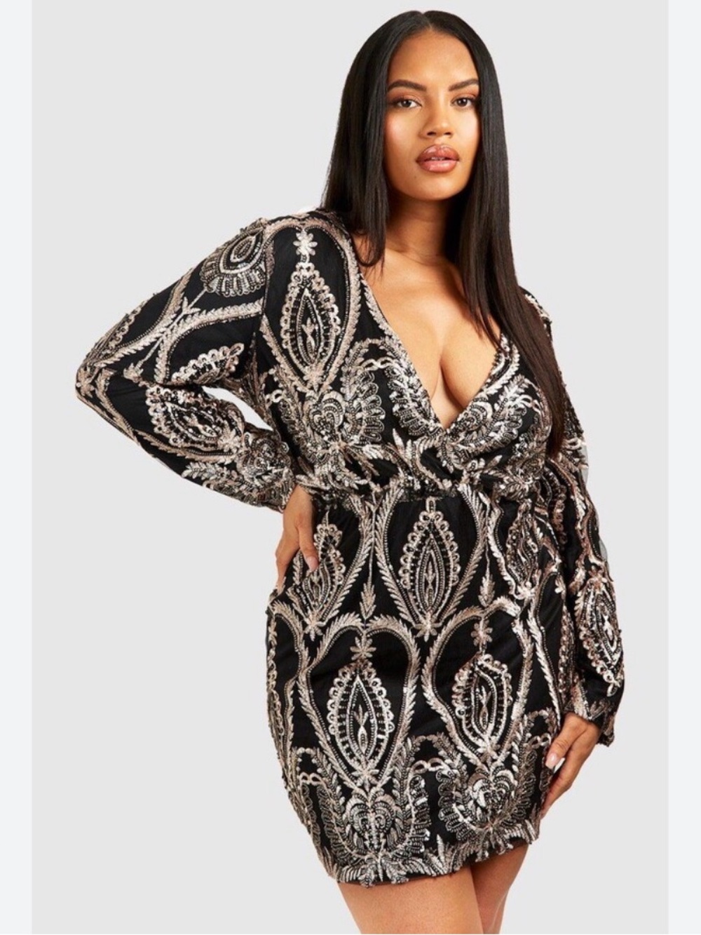 Boohoo brand black lace and sequin plunge mini dress Lace Long Sleeve NWT Party